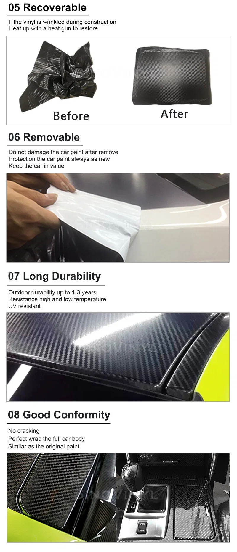 SINOVINYL Support Customization Air Bubble Free High Gloss Automotive Vinyl 5D Carbon Fiber